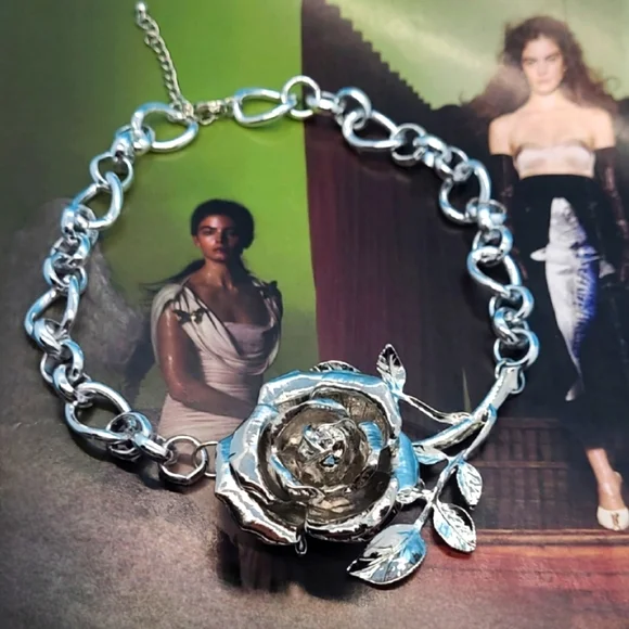 Artisan 3D Floral Rose Flower Embellished Silver Choker Necklace